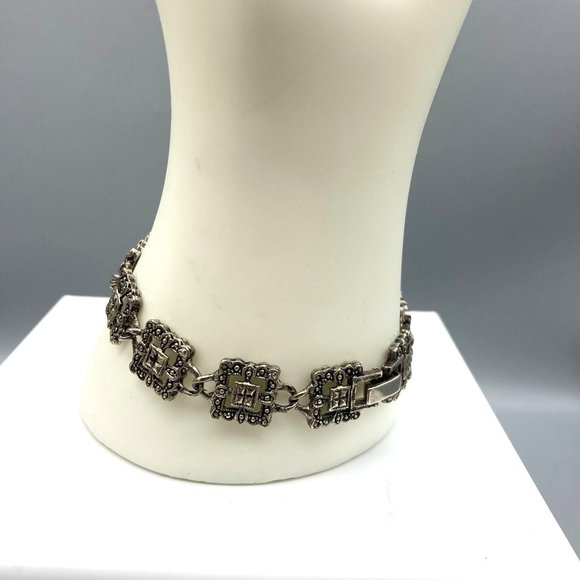 Vintage Marcasite Link Bracelet with Lacy Filigree Squares in Silver Tone - Picture 4 of 5